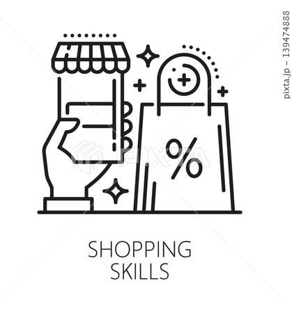 Shopping life skills line icon or pictogram. Human personal quality outline vector icon, personality shopping ability thin line symbol. Person life skills pictogram with shopping bag and smartphone Shopping life skills line icon or pictogram. Human personal quality outline vector icon, personality shopping ability thin line symbol. Person life skills pictogram with shopping bag and smartphone 139474888