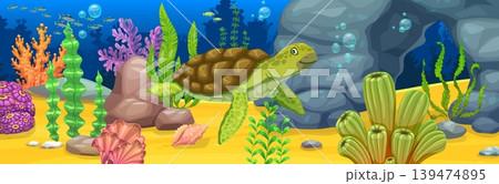 Underwater landscape game background with sea turtle character. Sea environment, ocean underwater vector landscape. Marine bottom background with turtle animal cartoon character, corals and seaweeds Underwater landscape game background with sea turtle character. Sea environment, ocean underwater vector landscape. Marine bottom background with turtle animal cartoon character, corals and seaweeds 139474895