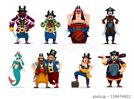 Cartoon pirate characters of captain, boatswain, skipper and corsair sailor crew with sword, pistol, treasure chest, barrel. Vector mermaid and buccaneer team nautical sea adventure fantasy personages 139474922