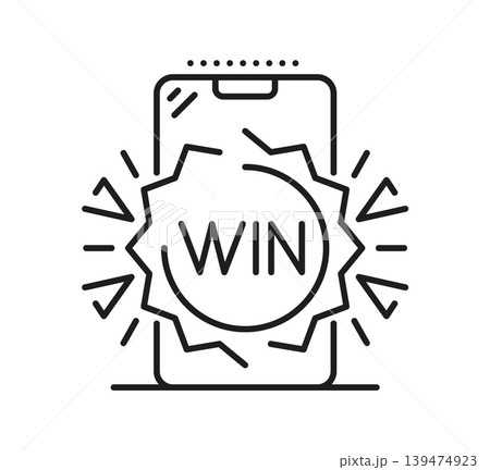 Loyalty program exclusive benefit icon. Gift coupon and reward prize and offer pictogram featuring linear smartphone with glowing win badge and burst rays. Vector icon for loyalty app UI design Loyalty program exclusive benefit icon. Gift coupon and reward prize and offer pictogram featuring linear smartphone with glowing win badge and burst rays. Vector icon for loyalty app UI design 139474923