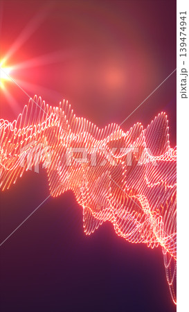 Glowing red and orange light waveform with particle lines, abstract audio signal visualization background with lens flare and motion Glowing red and orange light waveform with particle lines, abstract audio signal visualization background with lens flare and motion 139474941
