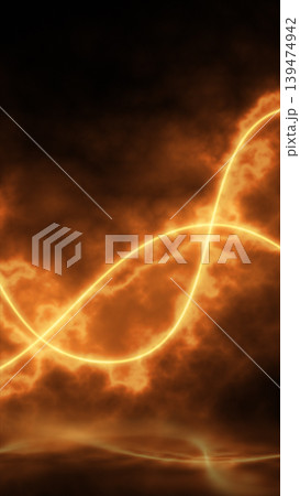 Fiery orange plasma cloud with a glowing infinity-shaped light trail, creating an abstract energy wave on a dark smoky background 139474942