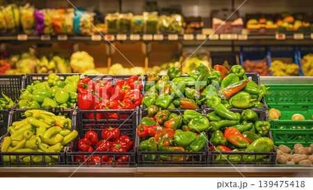 Vegetable farm market. Peppers fill market crates in grocery store, green and red produce on supermarket display for food, retail, cooking, nutrition. Fresh peppers, shopping, agriculture, harvest Vegetable farm market. Peppers fill market crates in grocery store, green and red produce on supermarket display for food, retail, cooking, nutrition. Fresh peppers, shopping, agriculture, harvest 139475418