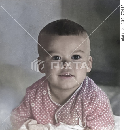 Vintage portrait of a cute smiling little boy. Retro photo from the 1970. 139475455