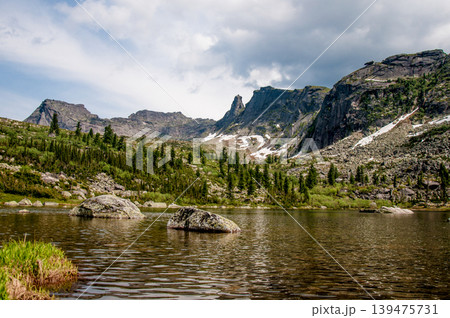 Landscape of Siberia Ergaki mountains, mountain range in haze summer Landscape of Siberia Ergaki mountains, mountain range in haze summer 139475731