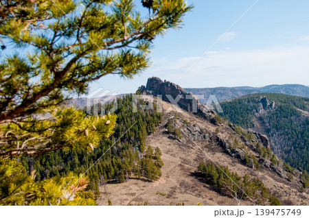 Landscape of Siberia mountains Stolbi, rock peak Takmak range in haze summer Landscape of Siberia mountains Stolbi, rock peak Takmak range in haze summer 139475749