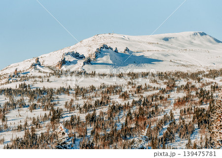 Landscape of snowy Sheregesh mountains, mountain range haze winter Bird eye view Landscape of snowy Sheregesh mountains, mountain range haze winter Bird eye view 139475781