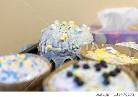 Easter Paska Cake with Blue Glaze and Mini Marshmallow Topping Easter Paska Cake with Blue Glaze and Mini Marshmallow Topping 139476172