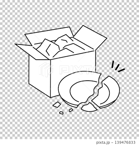 開封した段ボール箱と割れた皿の配送破損イメージ線画イラスト 開封した段ボール箱と割れた皿の配送破損イメージ線画イラスト 139476833