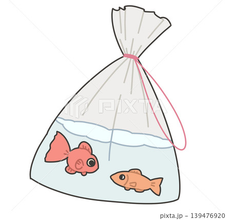 赤とオレンジの金魚が入った金魚すくいの袋 139476920