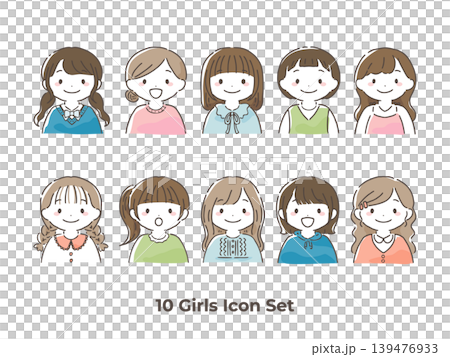 一組身著各種服裝的女孩半身像頭像（彩色） 139476933