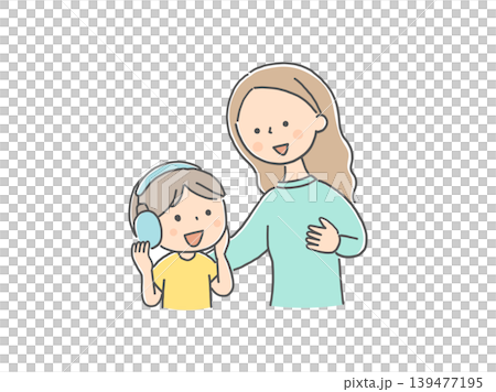 A mother comforting her child wearing earmuffs. A mother comforting her child wearing earmuffs. 139477195