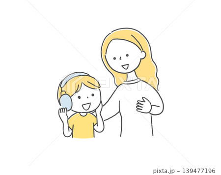 イヤーマフで安心する子供と寄り添う母親単色 イヤーマフで安心する子供と寄り添う母親単色 139477196