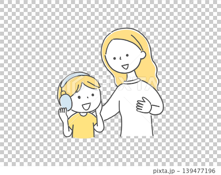 イヤーマフで安心する子供と寄り添う母親単色 イヤーマフで安心する子供と寄り添う母親単色 139477196