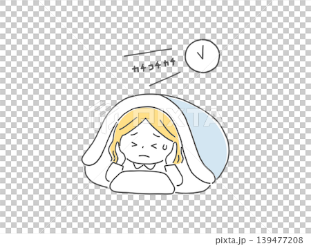 一個女孩因為鐘聲吵得睡不著覺。 (黑白照片) 一個女孩因為鐘聲吵得睡不著覺。 (黑白照片) 139477208