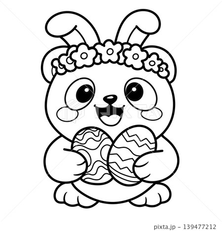 Cute bunny flower crown Easter egg cartoon happy outline coloring page spring joyful 139477212