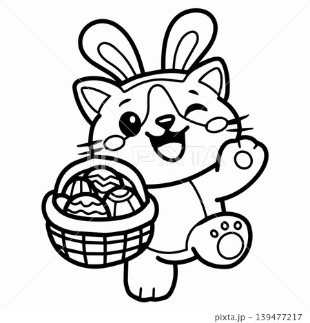 Cute cat bunny ears Easter basket eggs cheerful cartoon outline coloring page 139477217