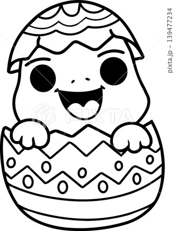 Cute cartoon baby dinosaur hatching from decorated Easter egg, smiling, joyful expression 139477234