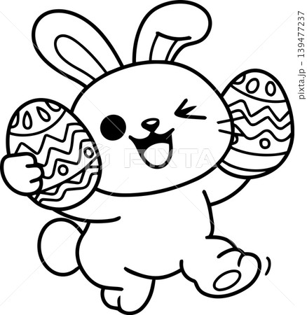 Happy bunny holding Easter eggs, cheerful cartoon rabbit with decorated eggs, joyful celebration Happy bunny holding Easter eggs, cheerful cartoon rabbit with decorated eggs, joyful celebration 139477237