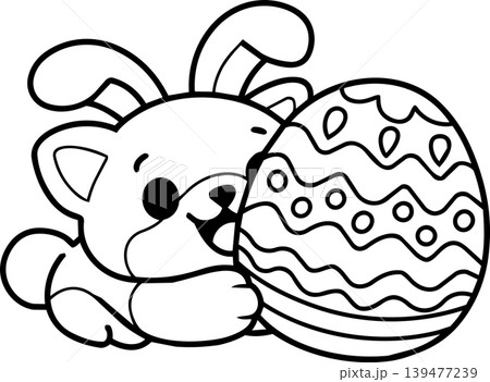 Cute bunny Easter egg cartoon playful joyful coloring page holiday spring animal celebration 139477239