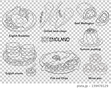 Illustration of a traditional British meal set | British gourmet food, tourism, and food culture collection Illustration of a traditional British meal set | British gourmet food, tourism, and food culture collection 139478129