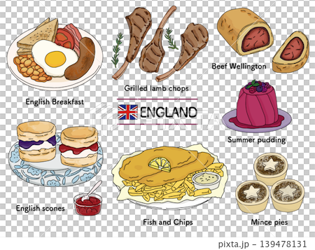 イギリスの伝統料理セットイラスト|英国グルメ 観光 食文化 コレクション イギリスの伝統料理セットイラスト|英国グルメ 観光 食文化 コレクション 139478131