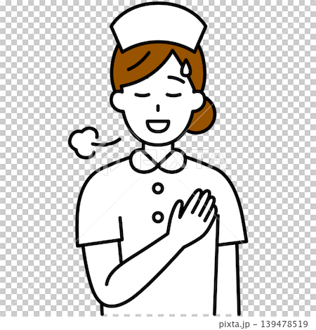 A female nurse puts her hand on her chest and looks relieved. A female nurse puts her hand on her chest and looks relieved. 139478519