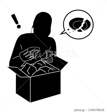 届いた荷物を開封すると中身が破損していた女性のシルエット 139478638