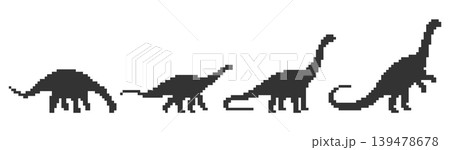 Pixel art Apatosaurus silhouette set in various walking poses. Retro 8-bit long-neck dinosaur graphics for games, educational content, and prehistoric themed designs. Vector illustration. 139478678