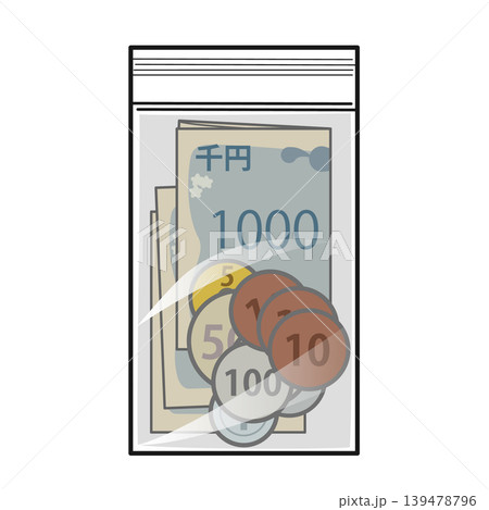 ジッパー付き袋に入った現金（お札と硬貨） 139478796