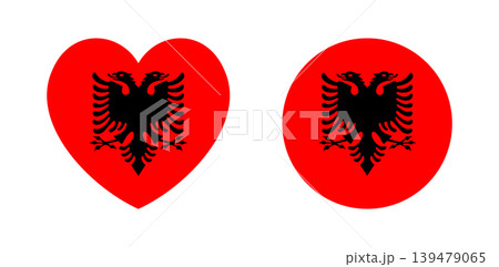 National flag of Albania. Albanian flag heart, circle icon, badge, banner. Set of sticker, button flag of Albania in round, heart shape. Flag with black double headed eagle on red field. 139479065