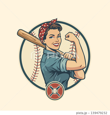 Woman holding baseball bat with raised arm retro style the background features Woman holding baseball bat with raised arm retro style the background features 139479232