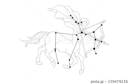 いて座のモノクロ線画イラスト（ケンタウルスの絵と星座線） 139479238