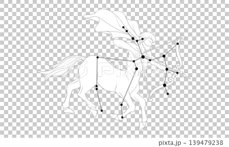 いて座のモノクロ線画イラスト（ケンタウルスの絵と星座線） 139479238