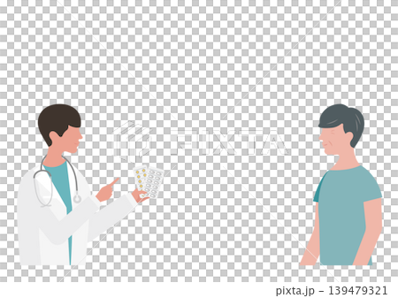 Vector illustration of a doctor explaining medication to an elderly man. Vector illustration of a doctor explaining medication to an elderly man. 139479321