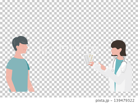 向量圖,描繪了一位女醫生向一位老年男性解釋用藥方法。 向量圖,描繪了一位女醫生向一位老年男性解釋用藥方法。 139479322