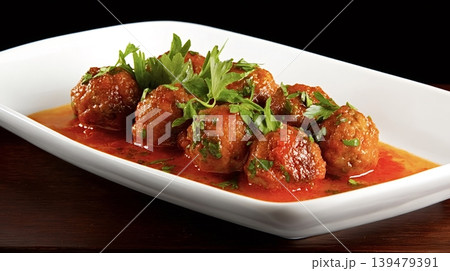 Plateful of meatballs with tomato sauce and fresh parsley 139479391