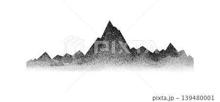 Grain stippled mountain range illustration. Black and white textured mount peaks. Dotted landscape terrain silhouette. Noise grain hill chain in dotwork style. Vector grunge mountain ridge background 139480001