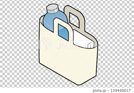 青いマイボトルとタオルを収納した生成トートバッグのイラスト 139480017