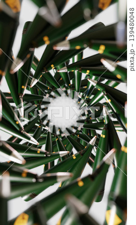 Circular Of Artillery Shells Forming Deep Tunnel, A dramatic 3D render ad image of artillery shells, metallic cylinders lined up with sharp details, perfect for military or conflict documentary. 139480048