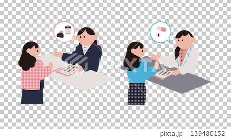 受付と処方箋を受け取る女性と妊婦のイラストセット 受付と処方箋を受け取る女性と妊婦のイラストセット 139480152