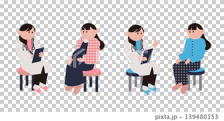一組插圖,分別描繪了一位女士諮詢醫生和一位孕婦。 一組插圖,分別描繪了一位女士諮詢醫生和一位孕婦。 139480153