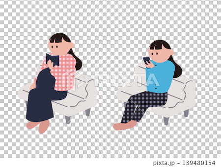 一組插圖,描繪了一位坐在沙發上的女士和一位孕婦。 一組插圖,描繪了一位坐在沙發上的女士和一位孕婦。 139480154