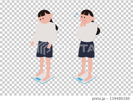 体重計に乗って喜ぶ女性のイラストセット 139480180