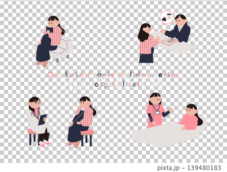 A set of illustrations of pregnant women visiting a hospital. A set of illustrations of pregnant women visiting a hospital. 139480183
