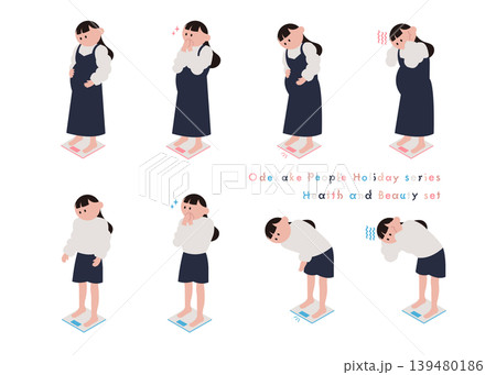 女性と妊婦が体重計に乗るイラストのセット 女性と妊婦が体重計に乗るイラストのセット 139480186