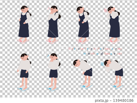女性と妊婦が体重計に乗るイラストのセット 女性と妊婦が体重計に乗るイラストのセット 139480186