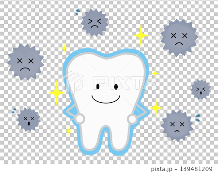 バリアで虫歯菌を寄せ付けないピカピカに輝く健康な歯のキャラクターのイラスト バリアで虫歯菌を寄せ付けないピカピカに輝く健康な歯のキャラクターのイラスト 139481209