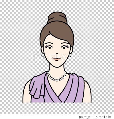 A smiling woman, formally dressed in a purple dress and pearl necklace. A smiling woman, formally dressed in a purple dress and pearl necklace. 139481716
