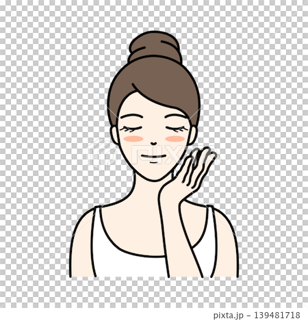 A woman checks the condition of her skin by placing her hand on her cheek while doing her skincare routine. A woman checks the condition of her skin by placing her hand on her cheek while doing her skincare routine. 139481718